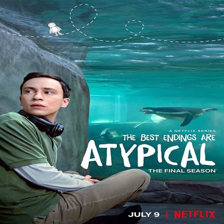 Photo of Sam from Atypical sitting outside penguin exhibit in zoo. Poster for ATYPICAL final season.