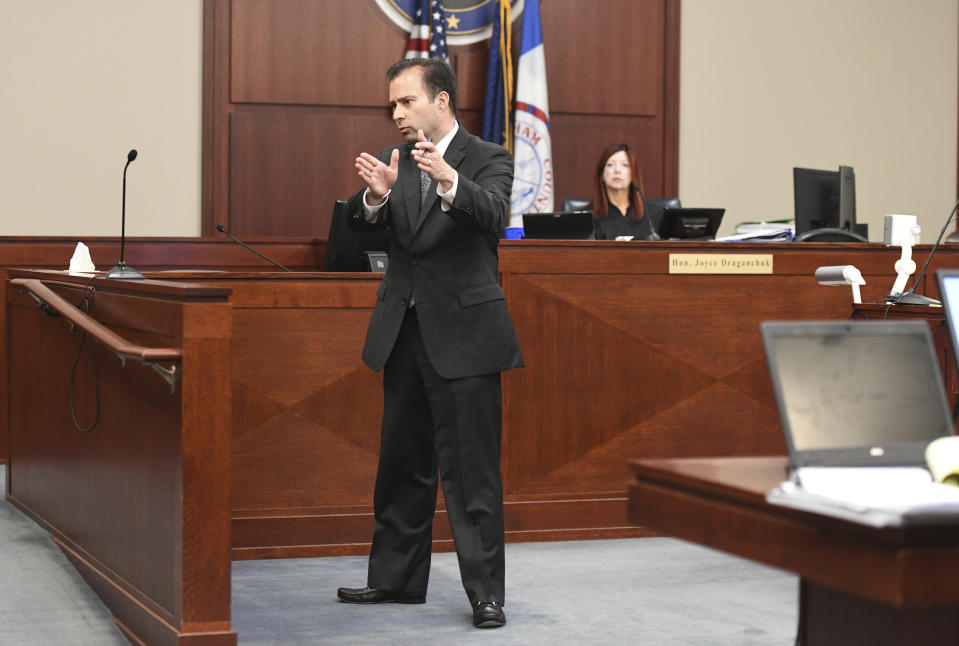 Defense attorney John Dakmak makes his closing statement as William Strampel, the ex-dean of MSU's College of Osteopathic Medicine and former boss of Larry Nassar, appears for trial in front of Judge Joyce Draganchuk at Veterans Memorial Courthouse in Lansing, Mich., on Tuesday, June 11, 2019. Strampel is charged with four counts including second-degree criminal sexual conduct, misconduct in office and willful neglect of duty. (J. Scott Park/Jackson Citizen Patriot via AP)