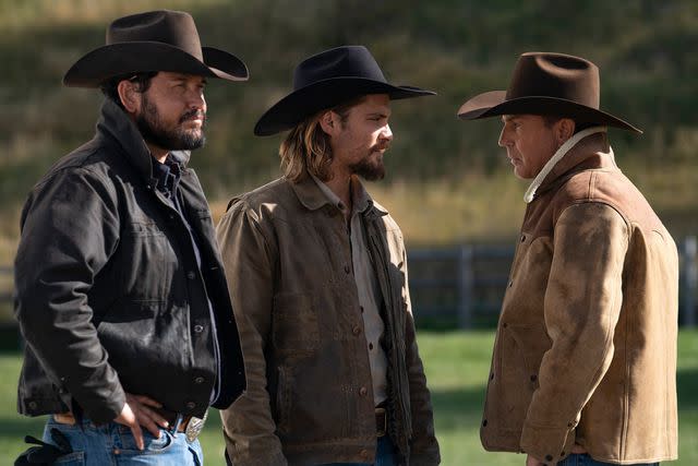 <p>Cam McLeod/Paramount Network/Courtesy Everett Collection</p> Cole Hauser, Luke Grimes, Kevin Costner in 'Yellowstone'