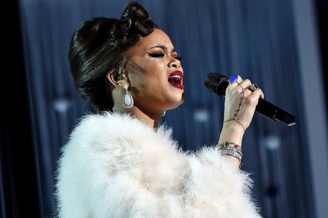 <p>Kevork Djansezian/Getty Images</p> Andra Day performs in Los Angeles in February 2016