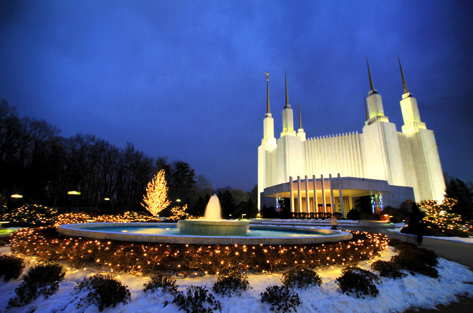 Outside the Washington, D.C. temple, located in Kensington, Md.  <em>Clarification: Language has been added to note the temple's location.</em>