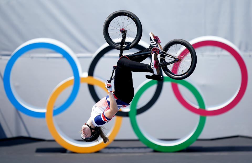 Great Britain's Charlotte Worthington on her way to winning a gold medal in the women's BMX freestyle at the Ariake Urban Sports Park on the ninth day of the Tokyo 2020 Olympic Games in Japan. Picture date: Sunday August 1, 2021. See PA story OLYMPICS Cycling. Photo credit should read: Mike Egerton/PA Wire. RESTRICTIONS: Use subject to restrictions. Editorial use only, no commercial use without prior consent from rights holder.