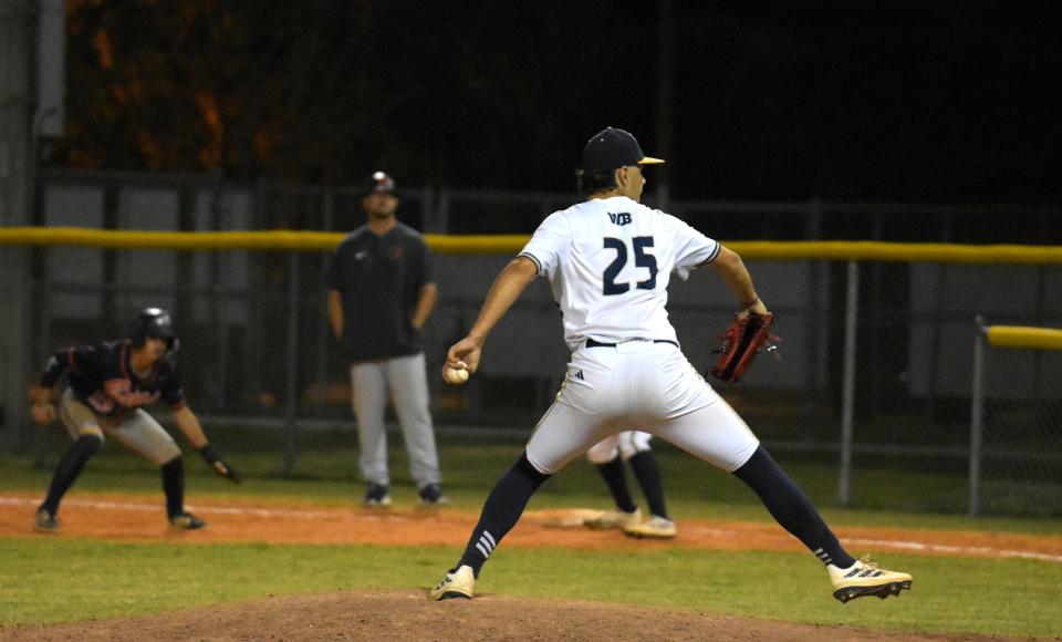 West Boca's Matt Pagan delivers a pitch during the fifth inning of a regular season game against Benjamin on April 11, 2024.