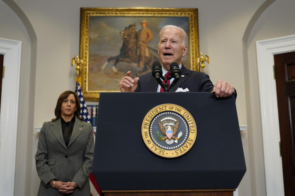 President Joe Biden speaks about border security in the Roosevelt Room of the White House, Thursday, Jan. 5, 2023, in Washington. Vice President Kamala Harris stands at left. (AP Photo/Patrick Semansky)