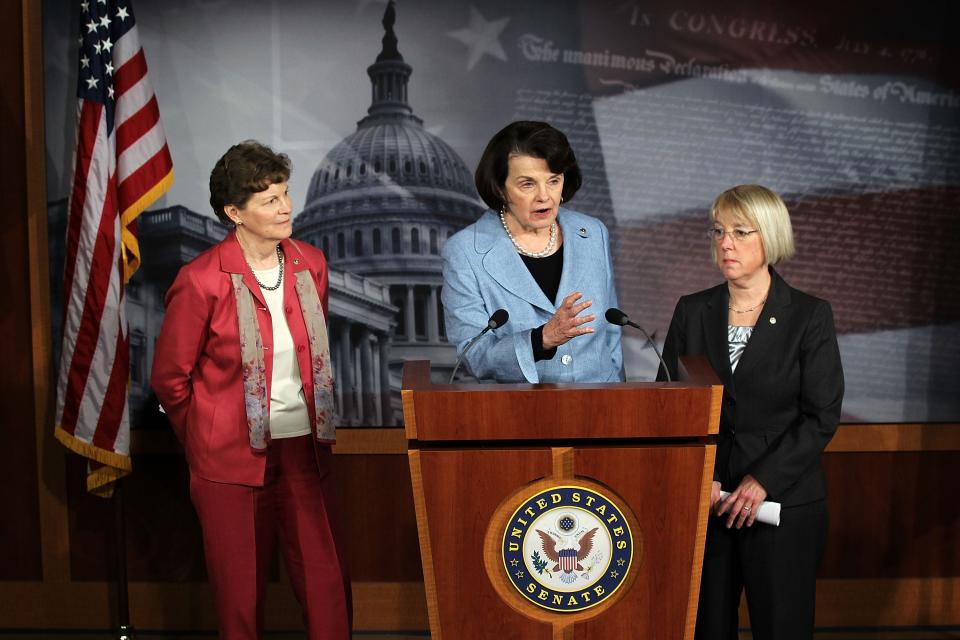 Dianne Feinstein speaks at a press conference with other female senators about the Violence Against Women Act