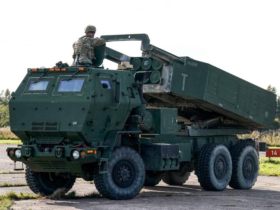 High-Mobility Artillery Rocket System (HIMARS ) is in operation during military exercises at Spilve Airport in Riga, Latvia, Monday, Sept. 26, 2022.