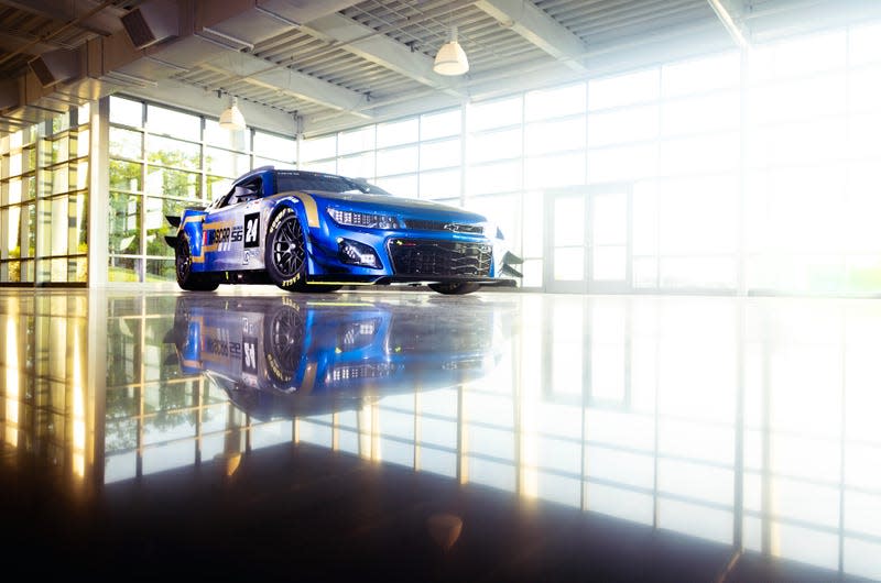 The NASCAR Garage 56 Next Gen Chevrolet Camaro ZL1 is seen during a photo opportunity at Hendrick Motorsports on April 20, 2023 in Charlotte, North Carolina