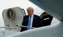 U.S. President Donald Trump steps from Air Force One as he arrives in Morristown, New Jersey, U.S., after visiting Camp David in Maryland August 18, 2017. REUTERS/Kevin Lamarque