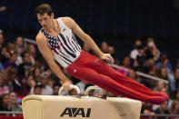 Alec Yoder competes on the pommel horse during the men's U.S. Olympic Gymnastics Trials Saturday, June 26, 2021, in St. Louis. (AP Photo/Jeff Roberson)