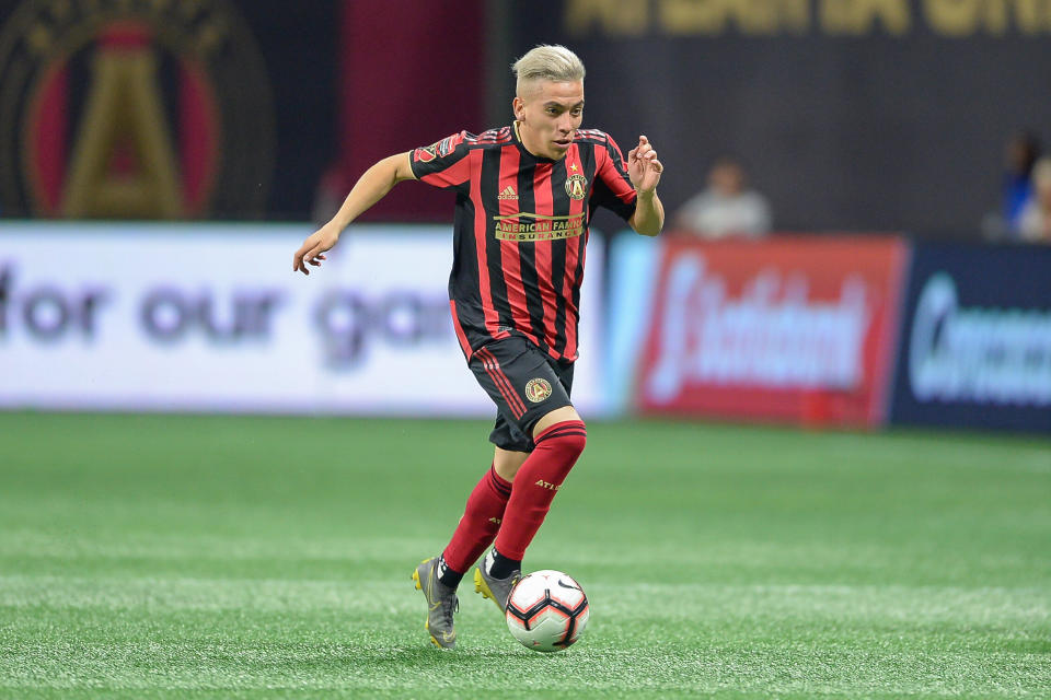 ATLANTA, GA  MARCH 13:  Atlanta's Ezequiel Barco (8) brings the ball up the field during the Concacaf Champions League match between CF Monterrey and Atlanta United FC on March 13th, 2019 at Mercedes Benz Stadium in Atlanta, GA.  (Photo by Rich von Biberstein/Icon Sportswire via Getty Images)