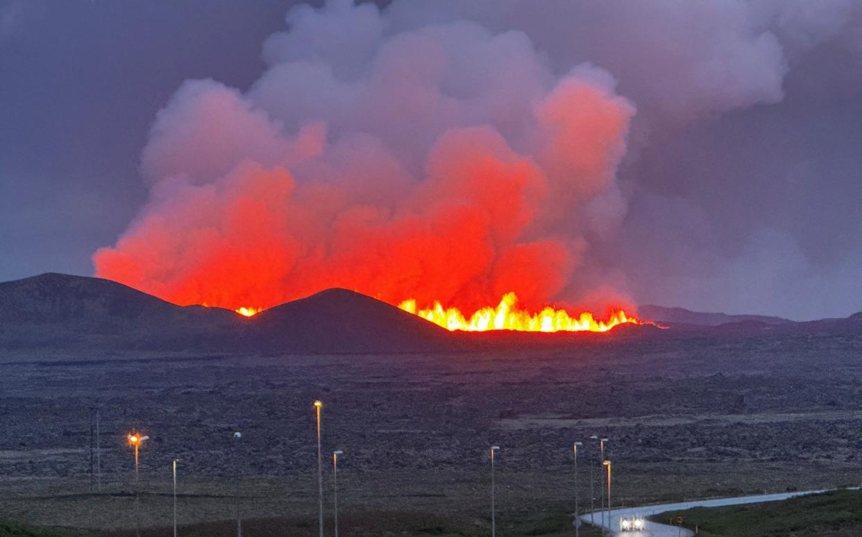 Lava spilled from the volcano as it erupted near Vogar in Iceland