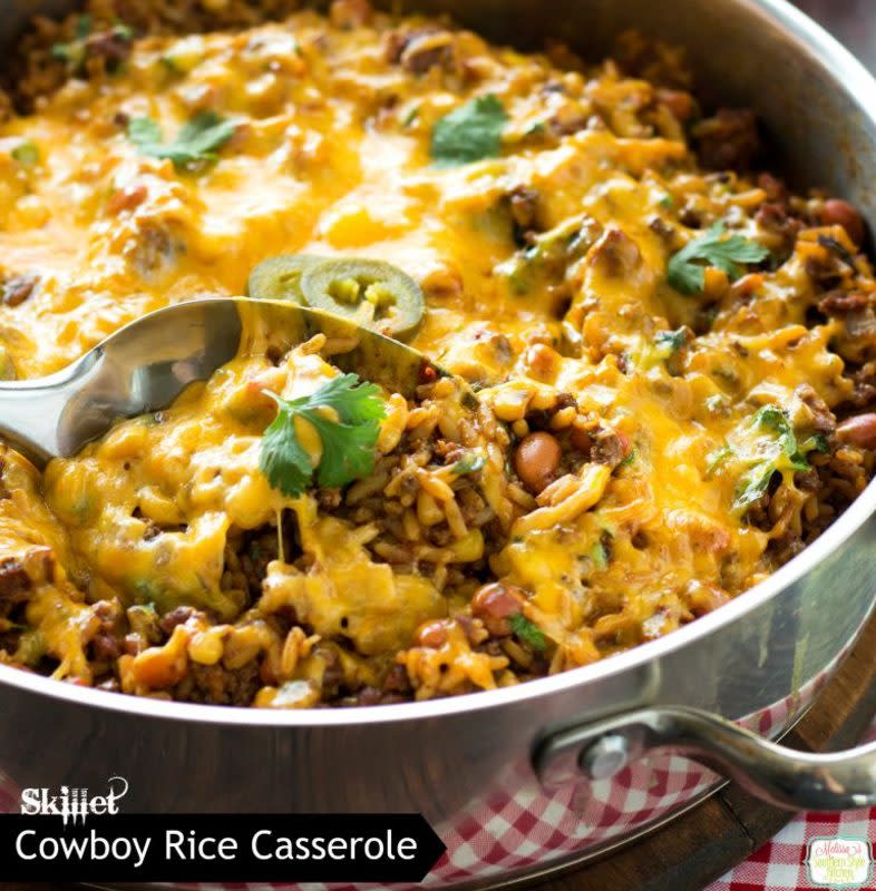 <p>This cheesy skillet cowboy rice casserole features, ground beef and chorizo sausage, diced peppers, sweet onion, pinto beans and corn.</p><p><strong>Get the recipe: <a href="https://www.melissassouthernstylekitchen.com/skillet-cowboy-rice-casserole/" rel="nofollow noopener" target="_blank" data-ylk="slk:Skillet Cowboy Rice Casserole;elm:context_link;itc:0;sec:content-canvas" class="link rapid-noclick-resp">Skillet Cowboy Rice Casserole</a></strong></p>