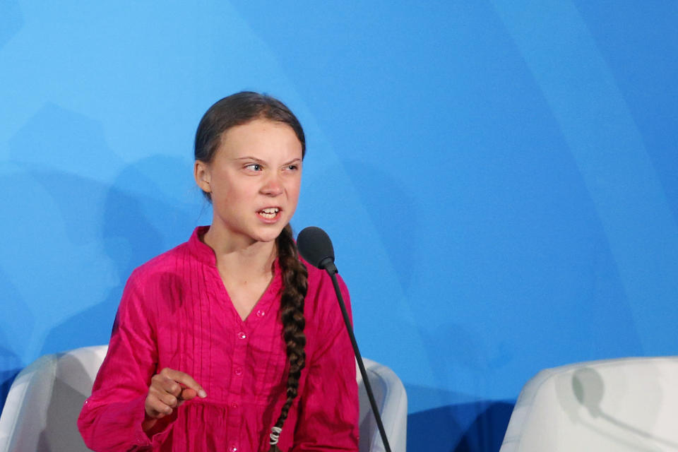 Environmental activist Greta Thunberg, of Sweden, addresses the Climate Action Summit in the United Nations General Assembly, at U.N. headquarters, Monday, Sept. 23, 2019. (AP Photo/Jason DeCrow)