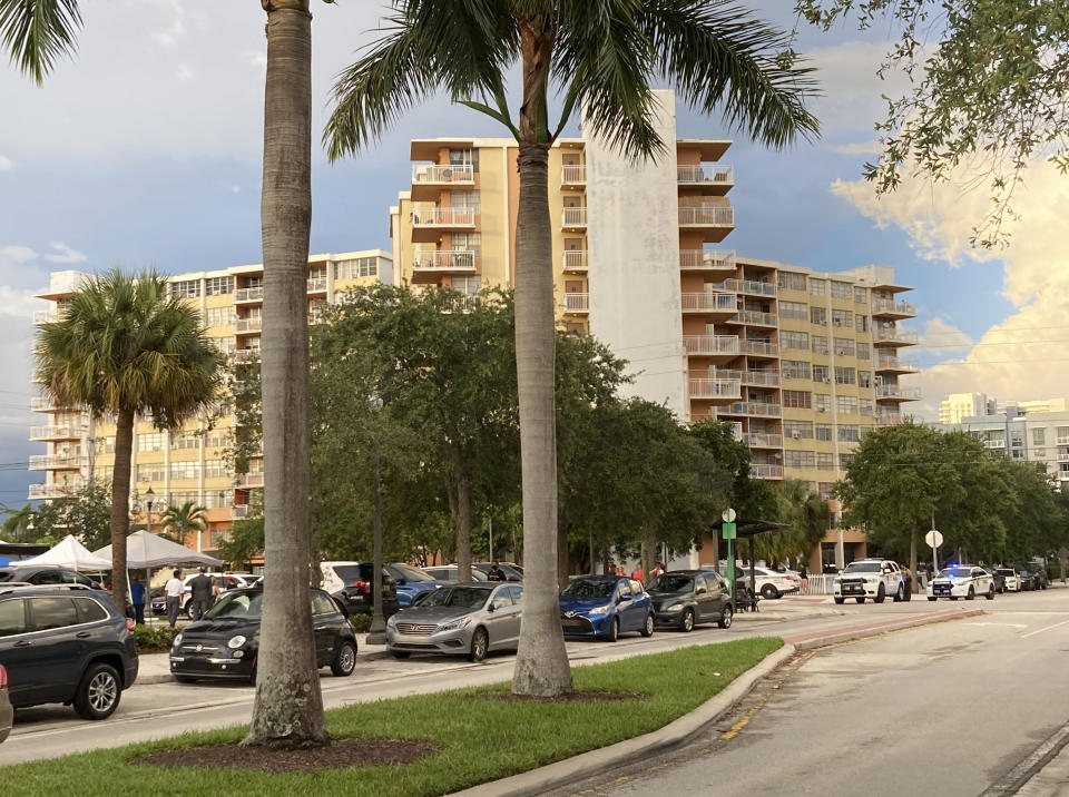 This photo shows the 156-unit Crestview Towers, Friday, July 2, 2021 in North Miami Beach, Fla. The city of North Miami Beach ordered the evacuation of Crestview Towers, a condominium building Friday after a review found unsafe conditions about 5 miles from the site of last week's deadly collapse in South Florida. (AP Photo/Rebecca Santana)