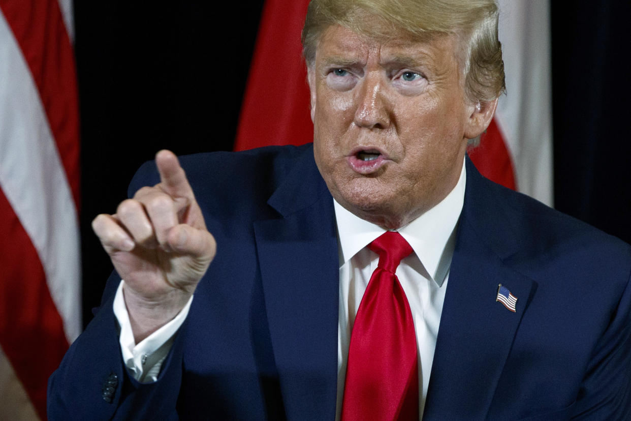 President Donald Trump speaks during a meeting at the InterContinental Barclay hotel during the United Nations General Assembly, Monday, Sept. 23, 2019, in New York. The conversation between Trump and Ukraine’s president is just one piece of the whistleblower’s overall complaint _ made in mid-August _ which followed Trump’s July 25 call. (AP Photo/Evan Vucci)