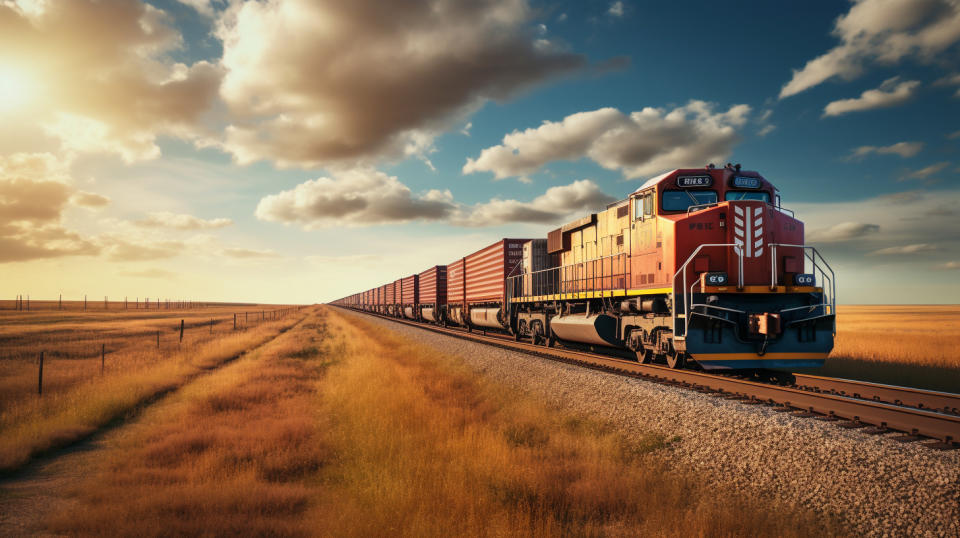 A busy freight train Traversing a vast expanse of land, carrying the company's cargo.