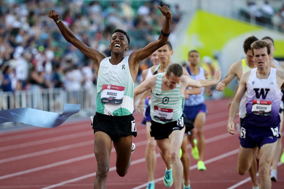 Yared Nuguse wins the men’s 1,500 meters on day three of the USA Outdoor Track and Field Championships at Hayward Field in Eugene Saturday, July 8, 2023. 