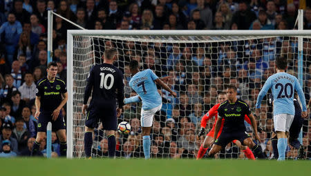 Soccer Football - Premier League - Manchester City vs Everton - Manchester, Britain - August 21, 2017 Manchester City's Raheem Sterling scores their first goal REUTERS/Phil Noble