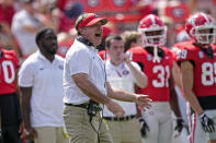 Georgia head coach Kirby Smart reacts in the second half of an NCAA college football game agaainst Ball State Saturday, Sept. 9, 2023, in Athens, Ga. (AP Photo/John Bazemore)