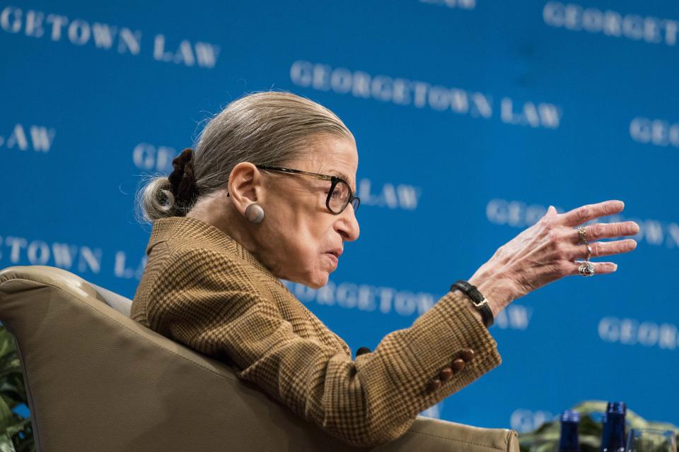 Supreme Court Justice Ruth Bader Ginsburg participates in a discussion at the Georgetown University Law Center in Washington, D.C. Justice Ginsburg and federal appeals court Judge McKeown discussed the 19th Amendment which guaranteed women the right to vote.