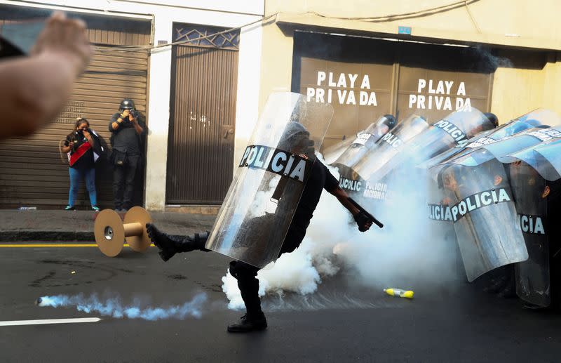 Protesters take part in the "Take over Lima" march to demonstrate against Peru's President Dina Boluarte, in Lima