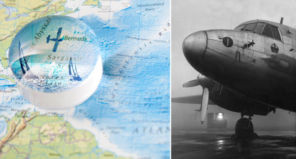 Map of Bermuda Triangle and vintage 1940s plane in greyscale