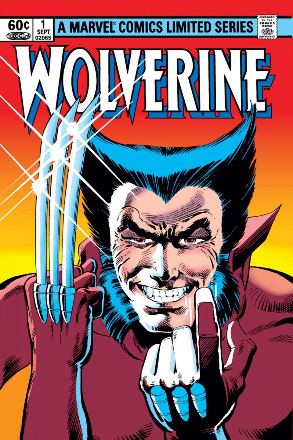 The cover for the Wolverine mini series from 1982 shows Wolverine in close up smiling at the reader with his large claws sitting next to his face
