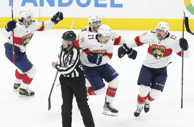 Florida Panthers forward Nick Cousins (21) celebrates after his winning goal against the Toronto Maple Leafs during overtime of Game 5 of an NHL hockey Stanley Cup second-round playoff series Friday, May 12, 2023, in Toronto. (Chris Young/The Canadian Press via AP)