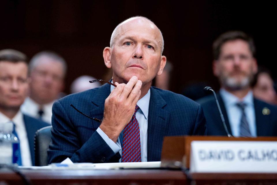 <p>Andrew Harnik / Getty Images</p> Boeing CEO Dave Calhoun testifying before a Senate subcommittee in Washington, DC on June 18, 2024.