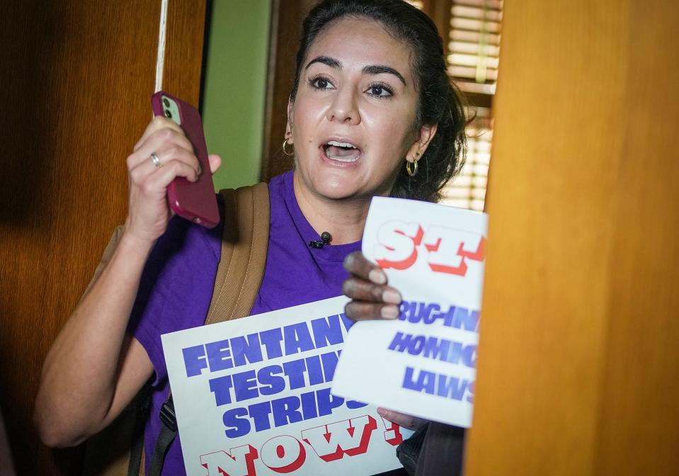 Activist Paulette Soltani and others protested the Texas Senate's refusal to consider a bill legalizing fentanyl test strips in April.
(Credit: Ricardo B. Brazziell / AMERICAN-STATESMAN)