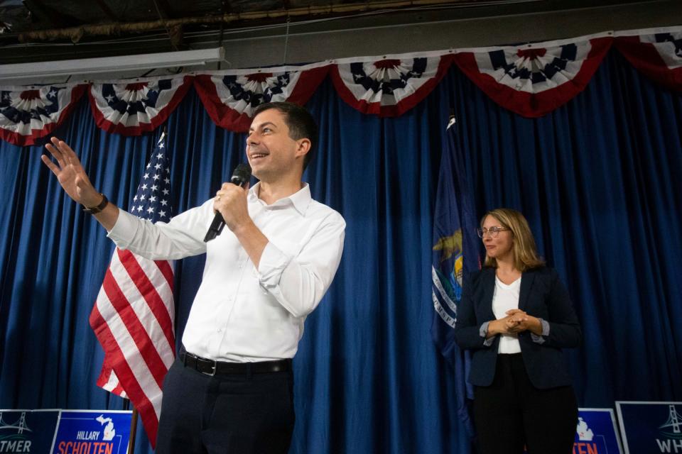 U.S. Transportation Secretary Pete Buttigieg makes a stop in Grand Rapids while campaigning for Hillary Scholten ahead of the Nov. 8th election Friday, Nov. 4, 2022, at the headquarters for the Kent County Democrats. 