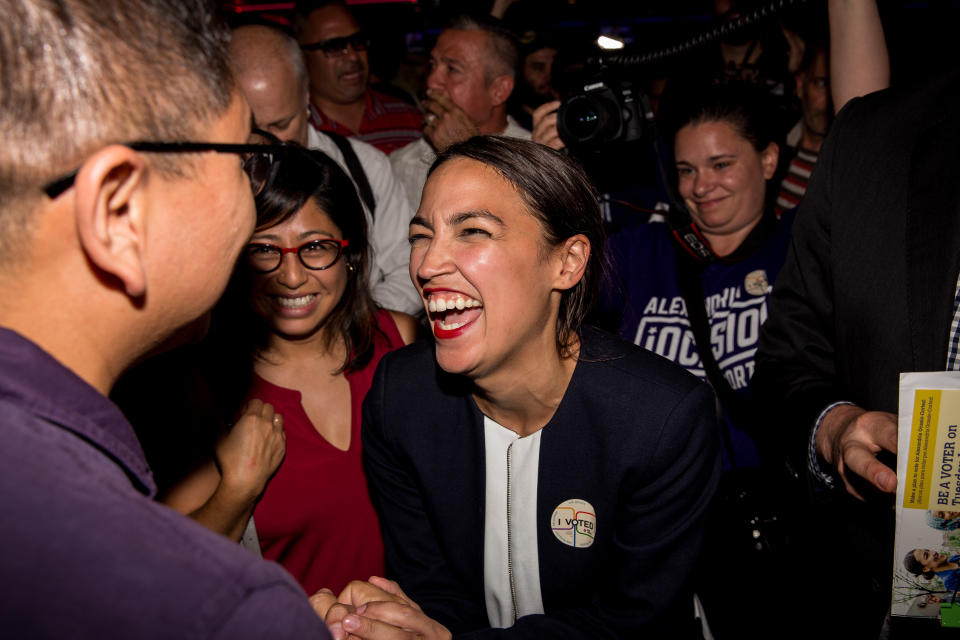 Progressive challenger Alexandria Ocasio-Cortez celebrates with supporters at a victory party in the Bronx after upsetting incumbent Democratic Representative Joseph Crowly on June 26, 2018. (Photo: Scott Heins/Getty Images)