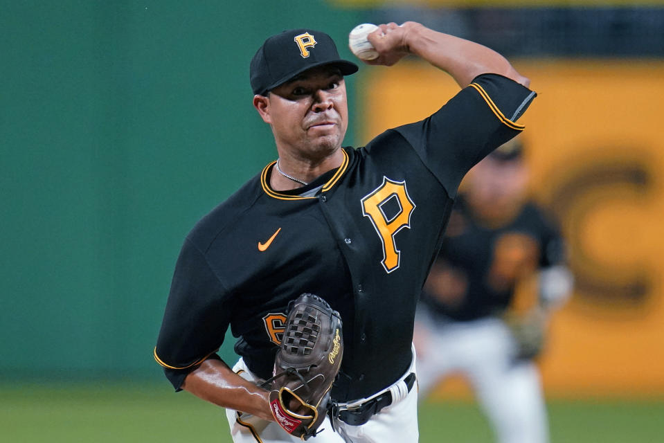 Pittsburgh Pirates starting pitcher Jose Quintana delivers during the first inning of the team's baseball game against the Detroit Tigers in Pittsburgh, Tuesday, June 7, 2022. (AP Photo/Gene J. Puskar)