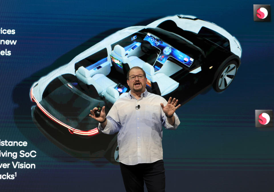 LAS VEGAS, NEVADA - JANUARY 04:  Qualcomm Inc. President and CEO Cristiano Amon speaks during the company&#39;s press event for CES 2022 at the Mandalay Bay Convention Center on January 4, 2022 in Las Vegas, Nevada. CES, the world&#39;s largest annual consumer technology trade show, is being held in person from January 5-7, with some companies deciding to participate virtually only or canceling their attendance due to concerns over the major surge in COVID-19 cases.  (Photo by Ethan Miller/Getty Images)