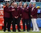 Dan Marino (L), Tom Brady (2L), Joe Montana (3L) Peyton Manning (4L), Roger Staubach (2R), Brett Favre (2R) and John Albert Elway Jr. (R) ahead of Super Bowl LIV between the Kansas City Chiefs and the San Francisco 49ers at Hard Rock Stadium in Miami Gardens, Florida, on February 2, 2020. (Photo by TIMOTHY A. CLARY/AFP via Getty Images)