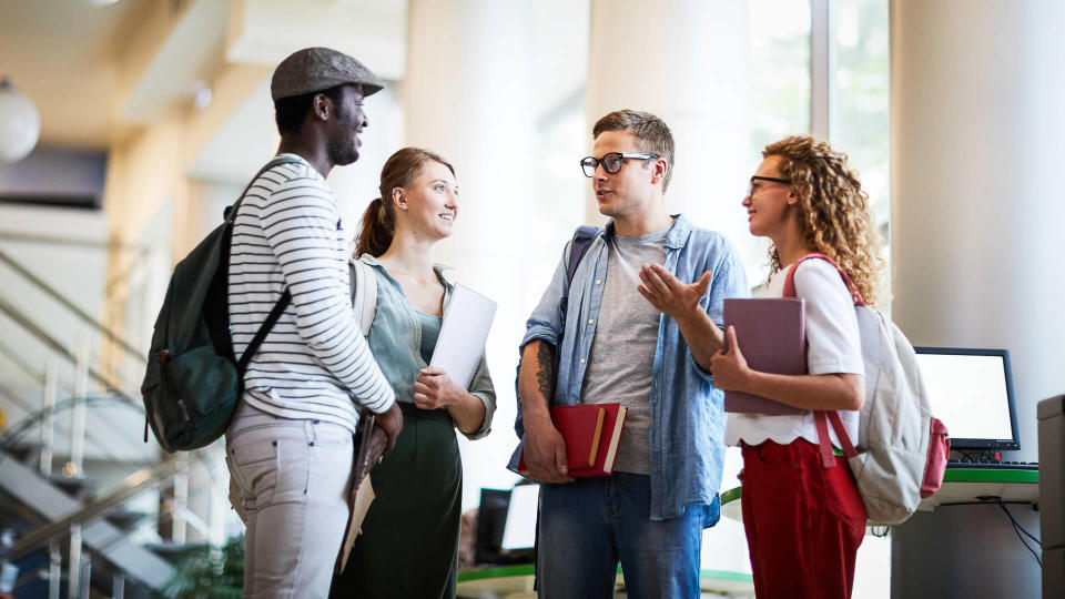 group of private college students discussing their thoughts about tuition