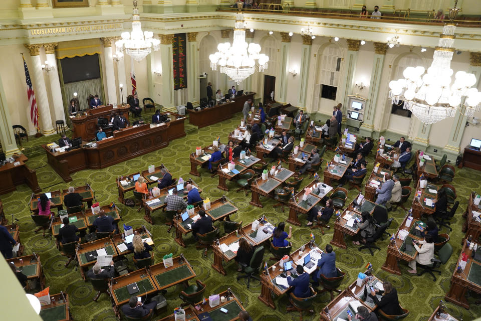 FILE - Members of the California state Assembly meet at the Capitol in Sacramento, Calif., Monday, June 20, 2022. After the Nov. 8 election several newly elected lawmakers will join the LGBTQ caucus which will now make up 10% of the California state Legislature. (AP Photo/Rich Pedroncelli, File)