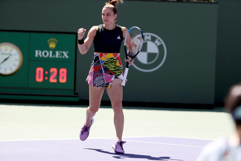 Maria Sakkari of Greece reacts during the first set against Iga Swiatek of Poland during the women's final at the BNP Paribas Open in Indian Wells, Calif., on Sunday, March 2022. 