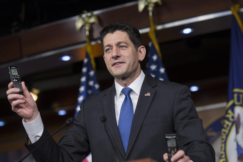 Speaker of the House Paul Ryan, R-Wis., holds up recorders during his weekly news conference, to make a point about the House Republican tax plan called border adjustment, in House Studio A, Feb. 16, 2017. (Photo: Tom Williams/CQ Roll Call/Getty Images)