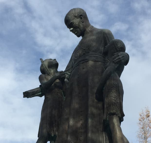 The statue of Father Joseph Hugonard at Sacred Heart Catholic cemetery in Lebret was removed June 21.  (Submitted by Star Andreas - image credit)