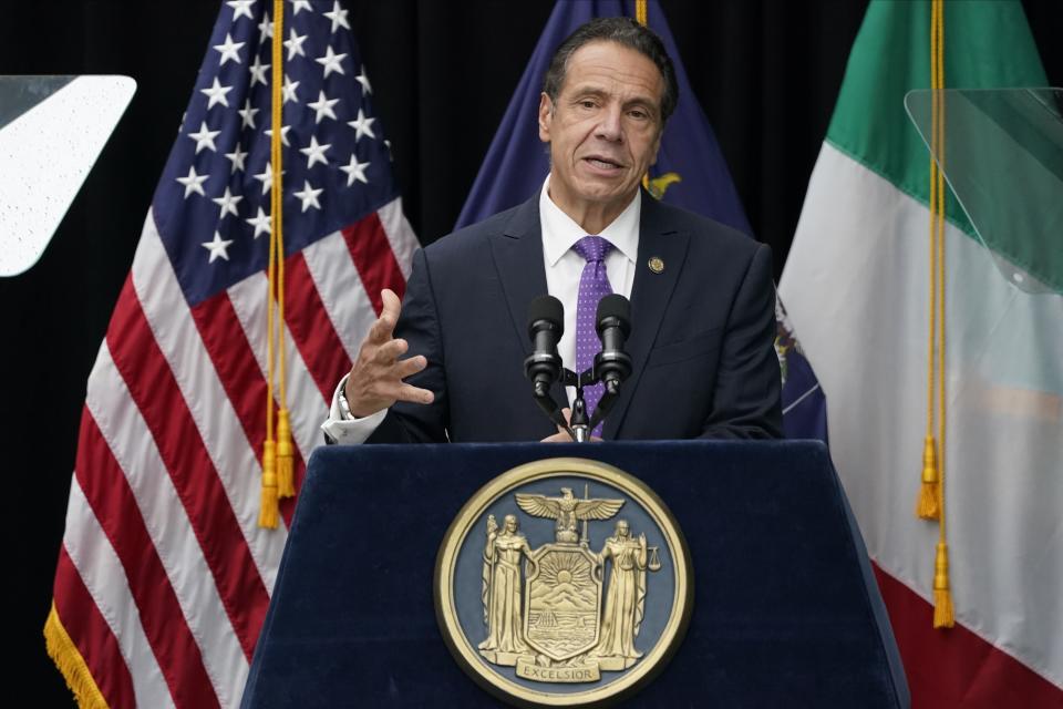 New York Gov. Andrew Cuomo speaks at a ceremony to unveil the statue of the patron saint of immigrants, Mother Frances Cabrini, in Battery Park Monday, Oct. 12, 2020, in New York. (AP Photo/Frank Franklin II)