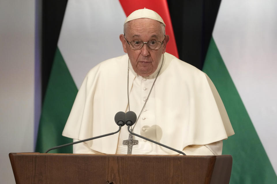 Pope Francis delivers his speech during a meeting with the authorities, civil society, and the diplomatic corps in the former Carmelite Monastery in Budapest, Hungary, Friday, April 28, 2023. The Pontiff is in Hungary for a three-day pastoral visit. (AP Photo/Andrew Medichini, Pool)