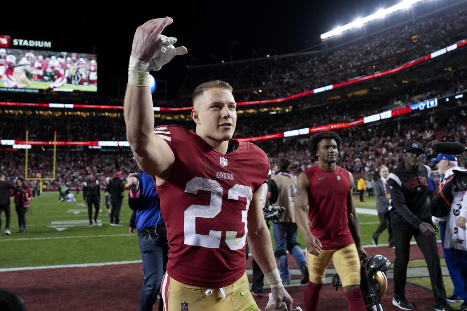 San Francisco 49ers running back Christian McCaffrey (23) celebrates after an NFL divisional round playoff football game against the Dallas Cowboys in Santa Clara, Calif., Sunday, Jan. 22, 2023. (AP Photo/Tony Avelar)