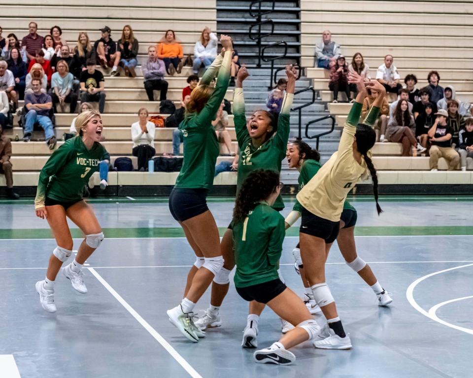 GNB Voc-Tech celebrate a point in a tight third set.