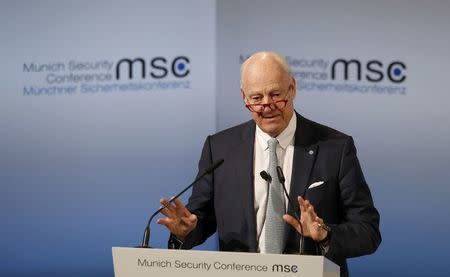 UN Special Envoy for Syria Staffan de Mistura delivers his speech during the 53rd Munich Security Conference in Munich, Germany, February 19, 2017. REUTERS/Michaela Rehle