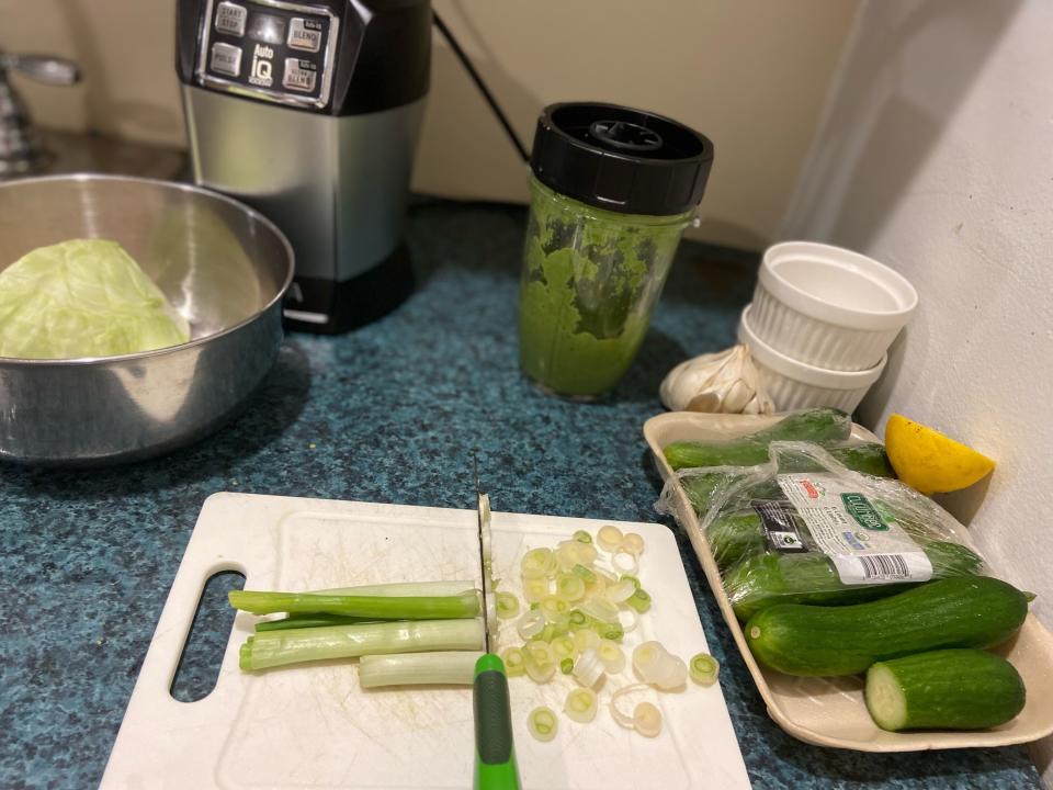 Chopped scallions on the cutting board