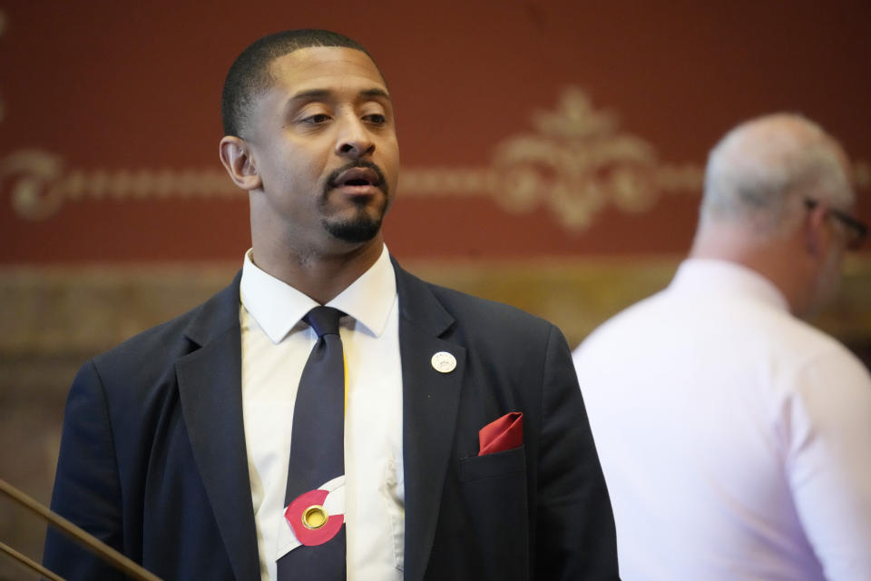 Colorado State Sen. James Coleman, D-Aurora, waits for the session to resume in the body's chambers, Monday, May 8, 2023, in the State Capitol in Denver. (AP Photo/David Zalubowski)