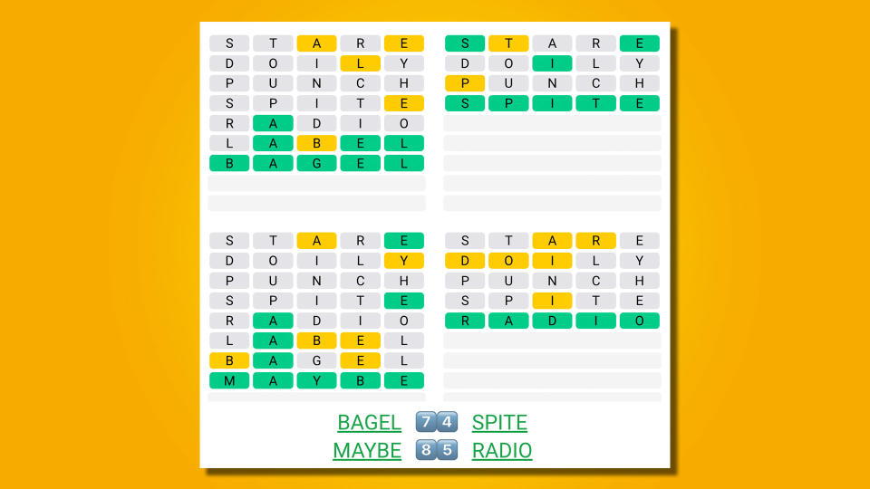 Quordle answers for game 530 on a yellow background