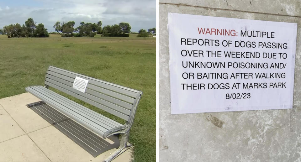 Signs on a park bench (left) and on a wall (right) warning of dog baiting.