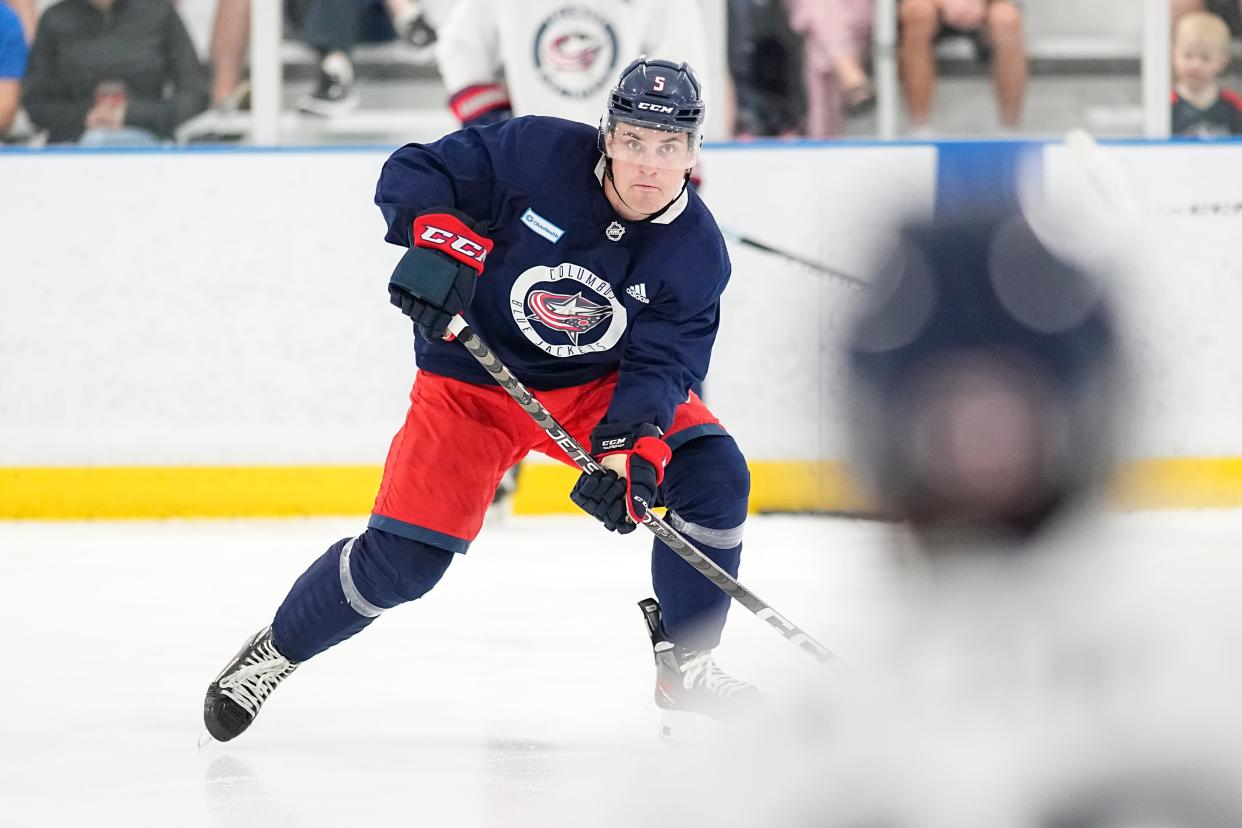 Jul 2, 2023; Columbus, Ohio, USA;  Defenseman Denton Mateychuk (5) skates during the Columbus Blue Jackets development camp at the OhioHealth Chiller North in Lewis Center. 